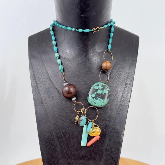 CHAN LUU Multi-beaded Turquoise Long Necklace w Crown Charm & Sterling 925 Clasp - Picture 2 of 16